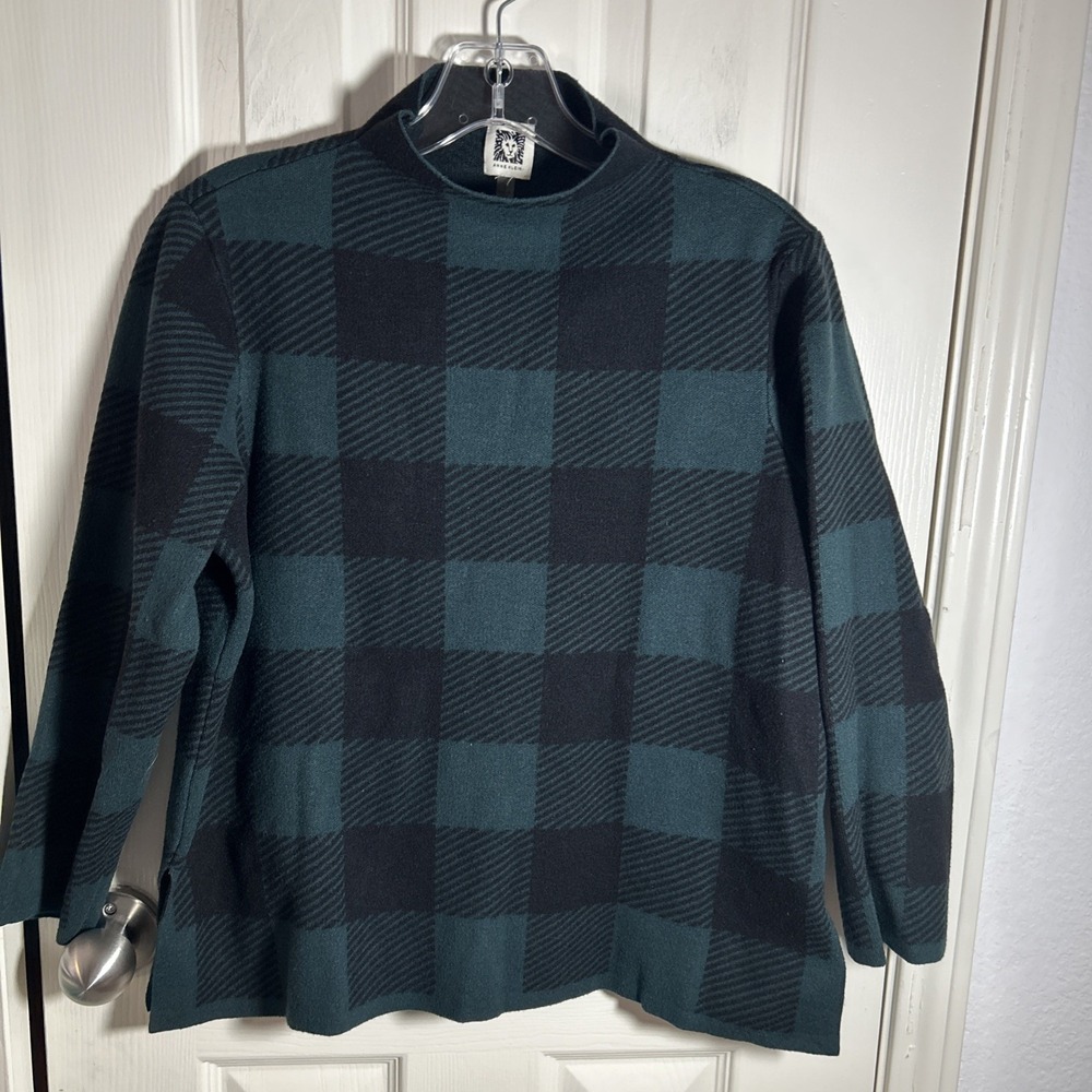 Anne Klein Green and Black Women's SZ S Small Plaid Mock Neck Sweater